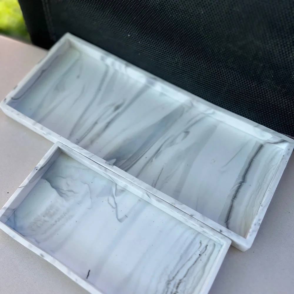 Tray Silicone Soap Dish Set, 2 Pcs White Marble Pattern, Rectangular Design with